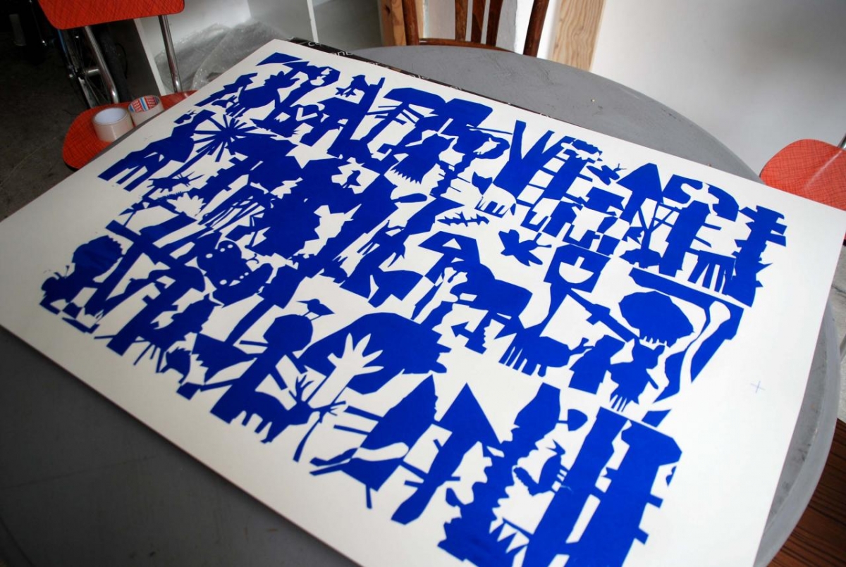Planche de sérigraphie réalisée par les élèves roannais avec l'appui de Jérémie Fischer
