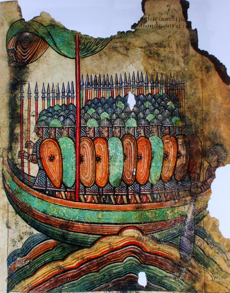 Représentation de guerriers Vikings à bord de leur bateau par l'Abbaye de Saint Aubin au XIIe siècle