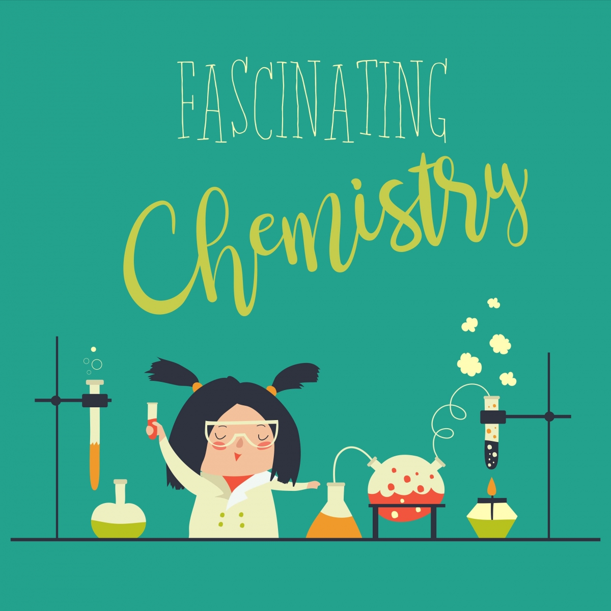 Illustration représentant une jeune scientifique réalisant des expériences dans un laboratoire de chimie