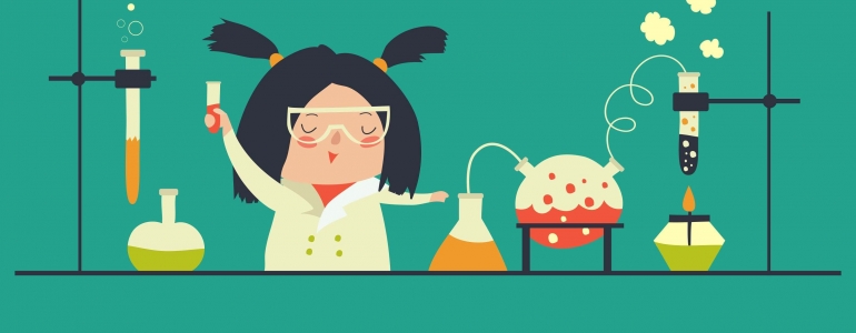 Illustration représentant une jeune scientifique réalisant des expériences dans un laboratoire de chimie