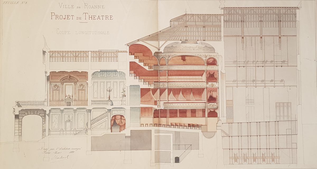 Plan d'architecte - Coupe longitudinale - Théâtre de Roanne