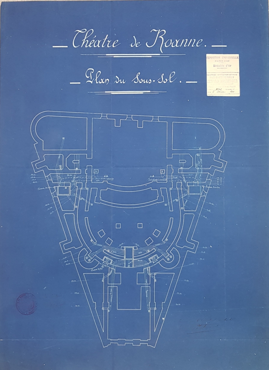 Bleu d'architecte - Plan du sous-sol - Théâtre de Roanne - Étienne Barberot - 1901